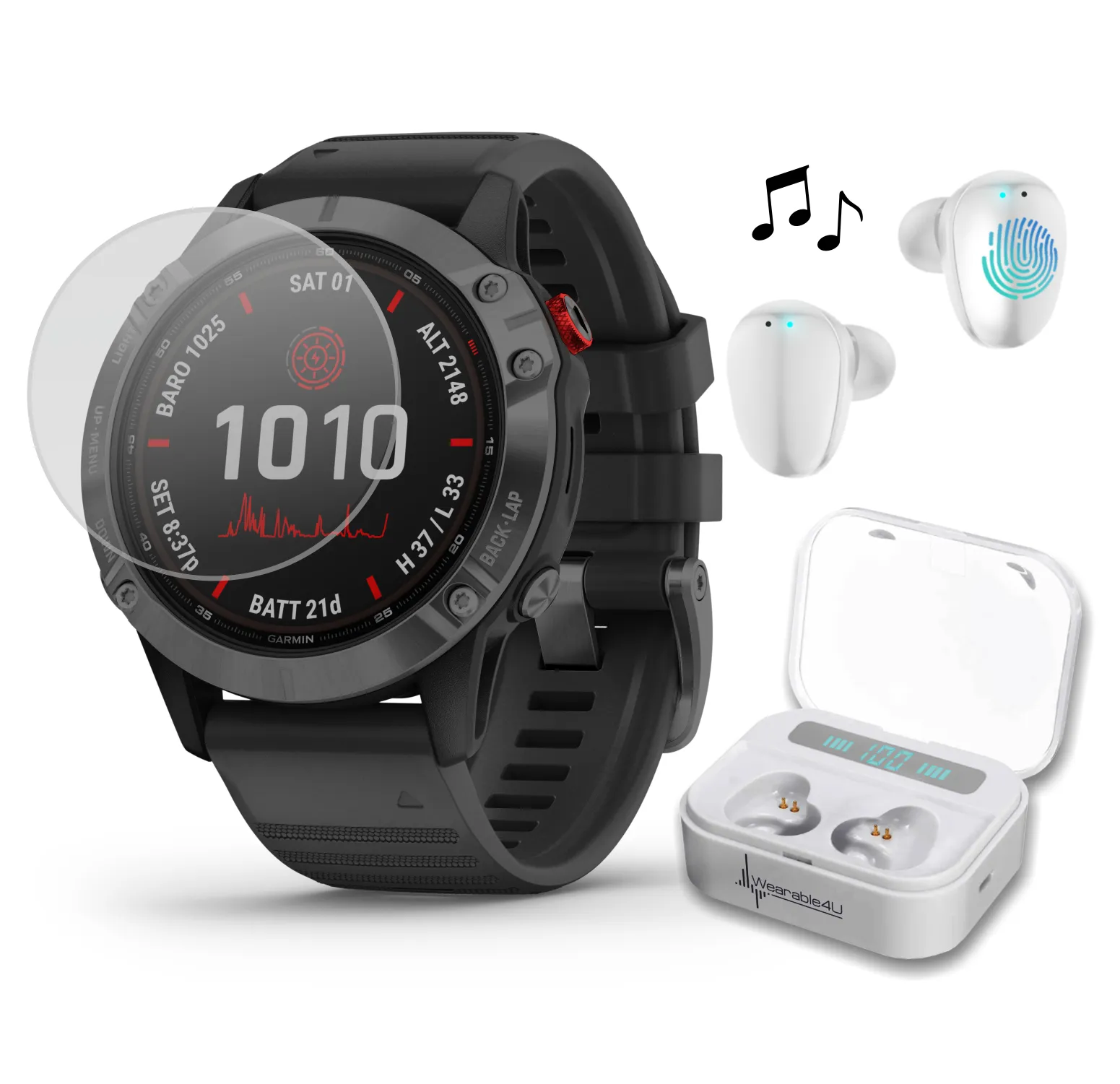 Garmin Fenix 6 Pro Solar Premium Multisport GPS Watches with Wearable4U Ultimate EarBuds Bundle