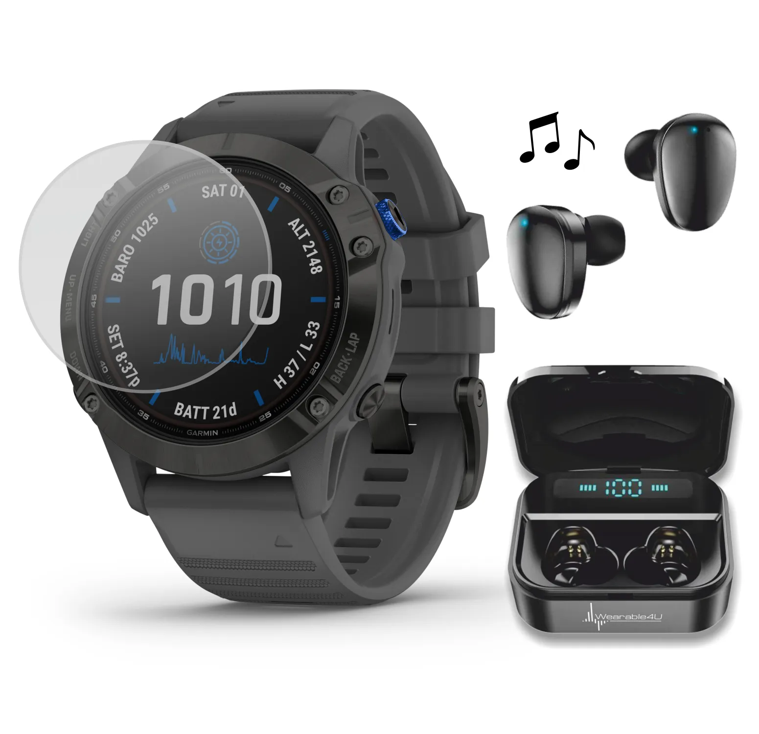 Garmin Fenix 6 Pro Solar Premium Multisport GPS Watches with Wearable4U Ultimate EarBuds Bundle