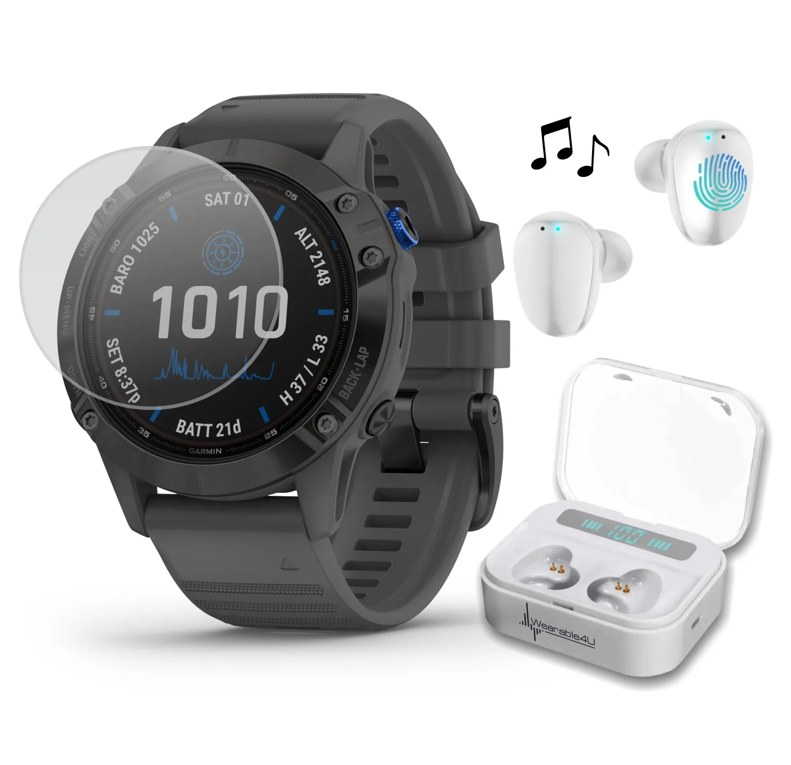 Garmin Fenix 6 Pro Solar Premium Multisport GPS Watches with Wearable4U Ultimate EarBuds Bundle