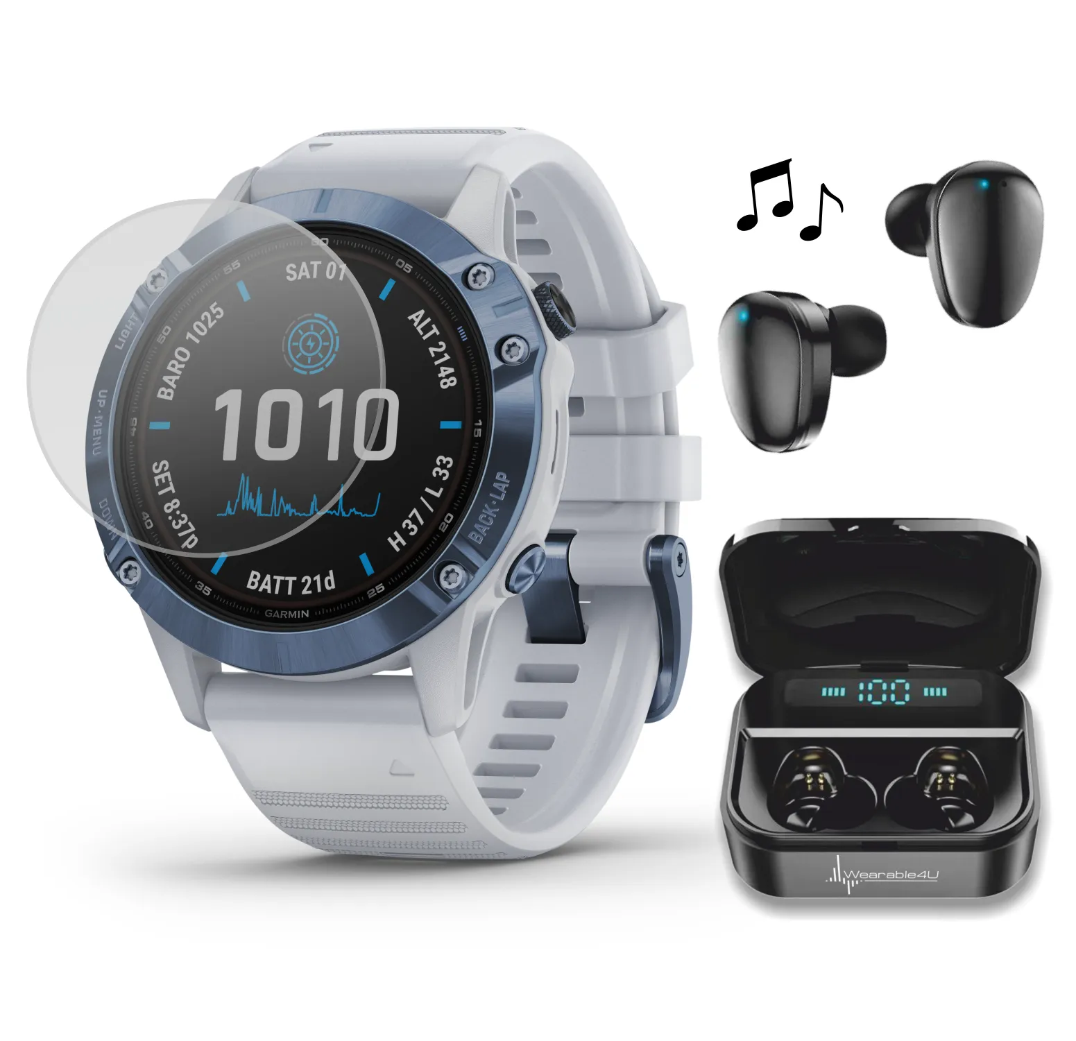 Garmin Fenix 6 Pro Solar Premium Multisport GPS Watches with Wearable4U Ultimate EarBuds Bundle