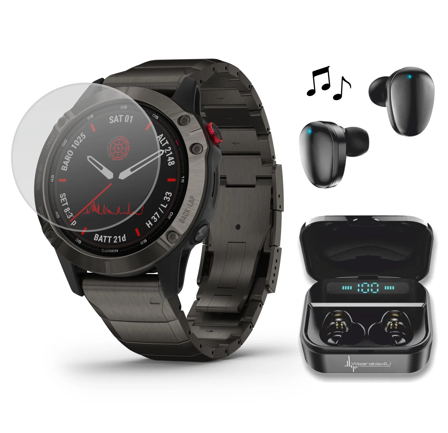 Garmin Fenix 6 Pro Solar Premium Multisport GPS Watches with Wearable4U Ultimate EarBuds Bundle