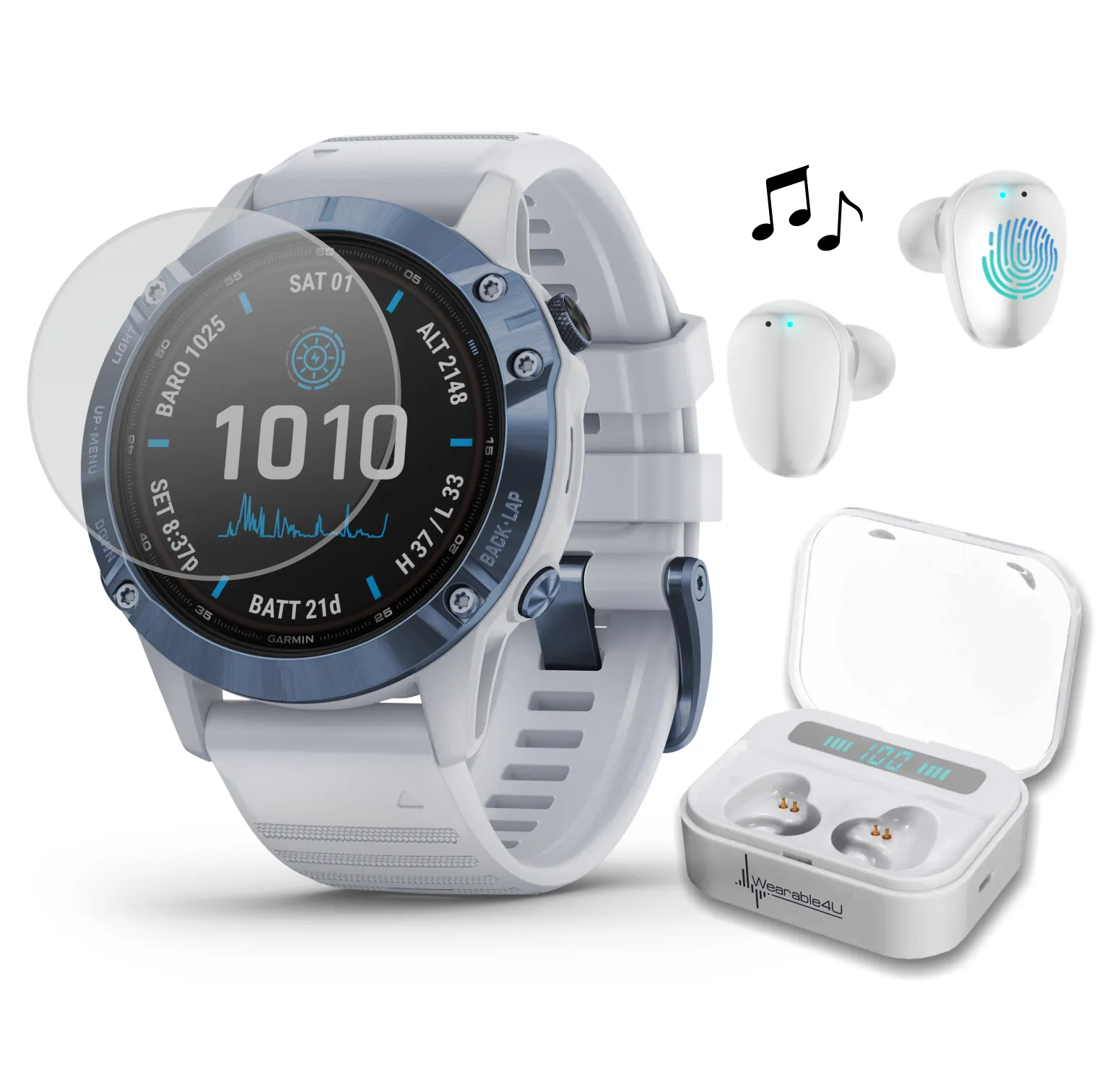 Garmin Fenix 6 Pro Solar Premium Multisport GPS Watches with Wearable4U Ultimate EarBuds Bundle