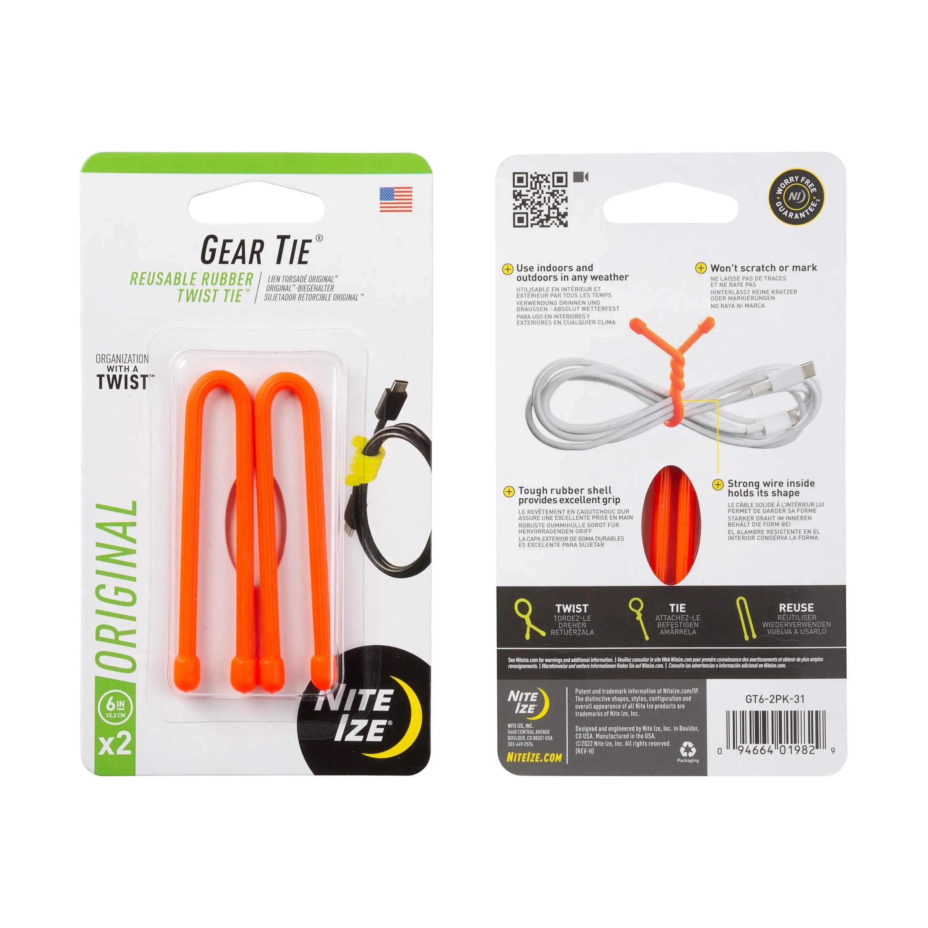 GEAR TIE REUSABLE RUBBER TWIST TIE(TM) (2pcs), Orange - length 6"