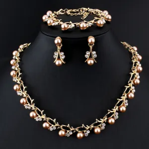 Gold Pearl Necklace Earrings Bracelet