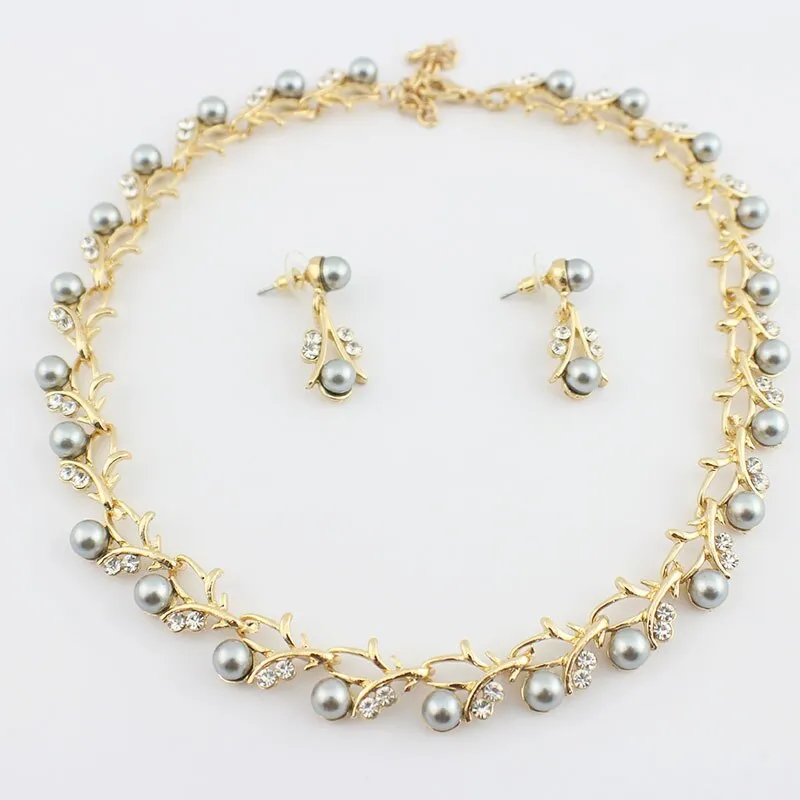 Gold Pearl Necklace Earrings Bracelet
