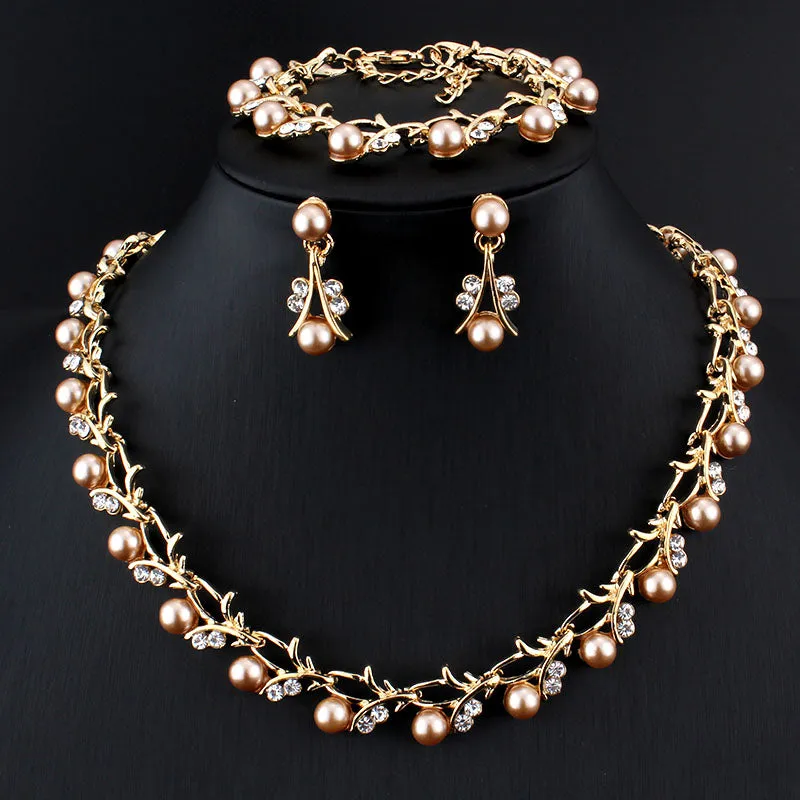 Gold Pearl Necklace Earrings Bracelet