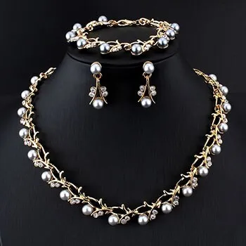 Gold Pearl Necklace Earrings Bracelet