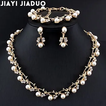 Gold Pearl Necklace Earrings Bracelet