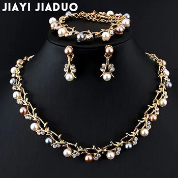 Gold Pearl Necklace Earrings Bracelet