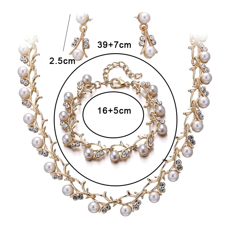 Gold Pearl Necklace Earrings Bracelet
