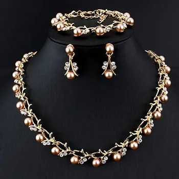 Gold Pearl Necklace Earrings Bracelet