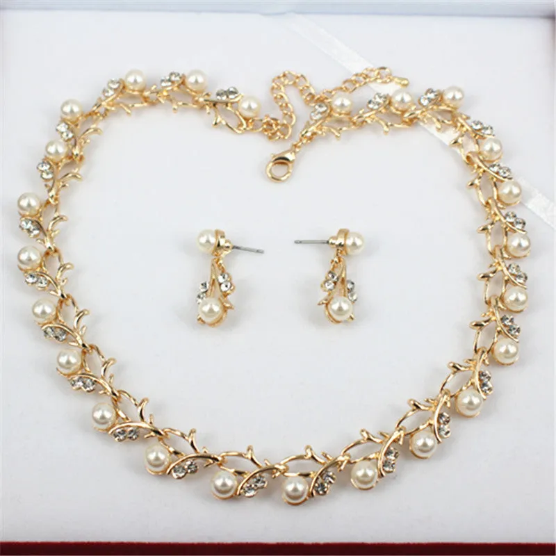 Gold Pearl Necklace Earrings Bracelet