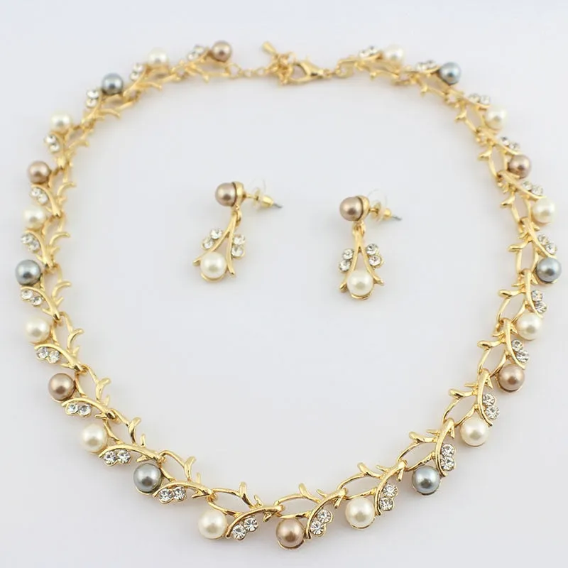 Gold Pearl Necklace Earrings Bracelet