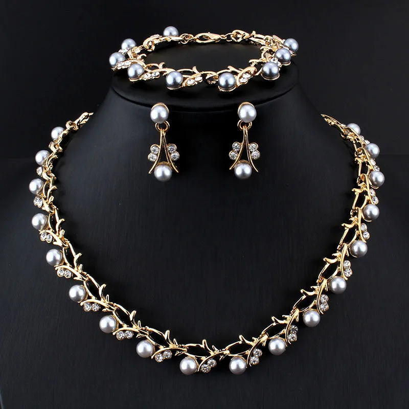 Gold Pearl Necklace Earrings Bracelet