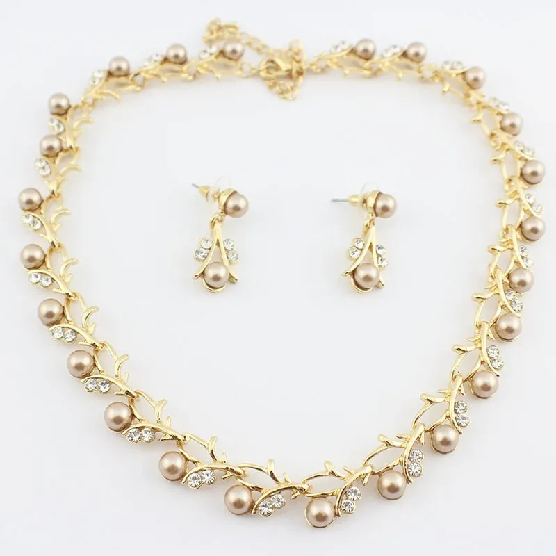 Gold Pearl Necklace Earrings Bracelet