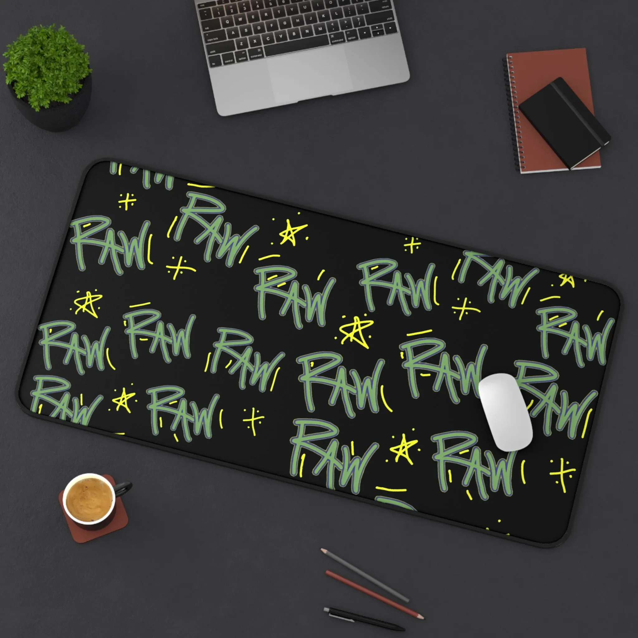 Graffiti Desk Mat -Black with 'Raw Print' for Creative Workspaces