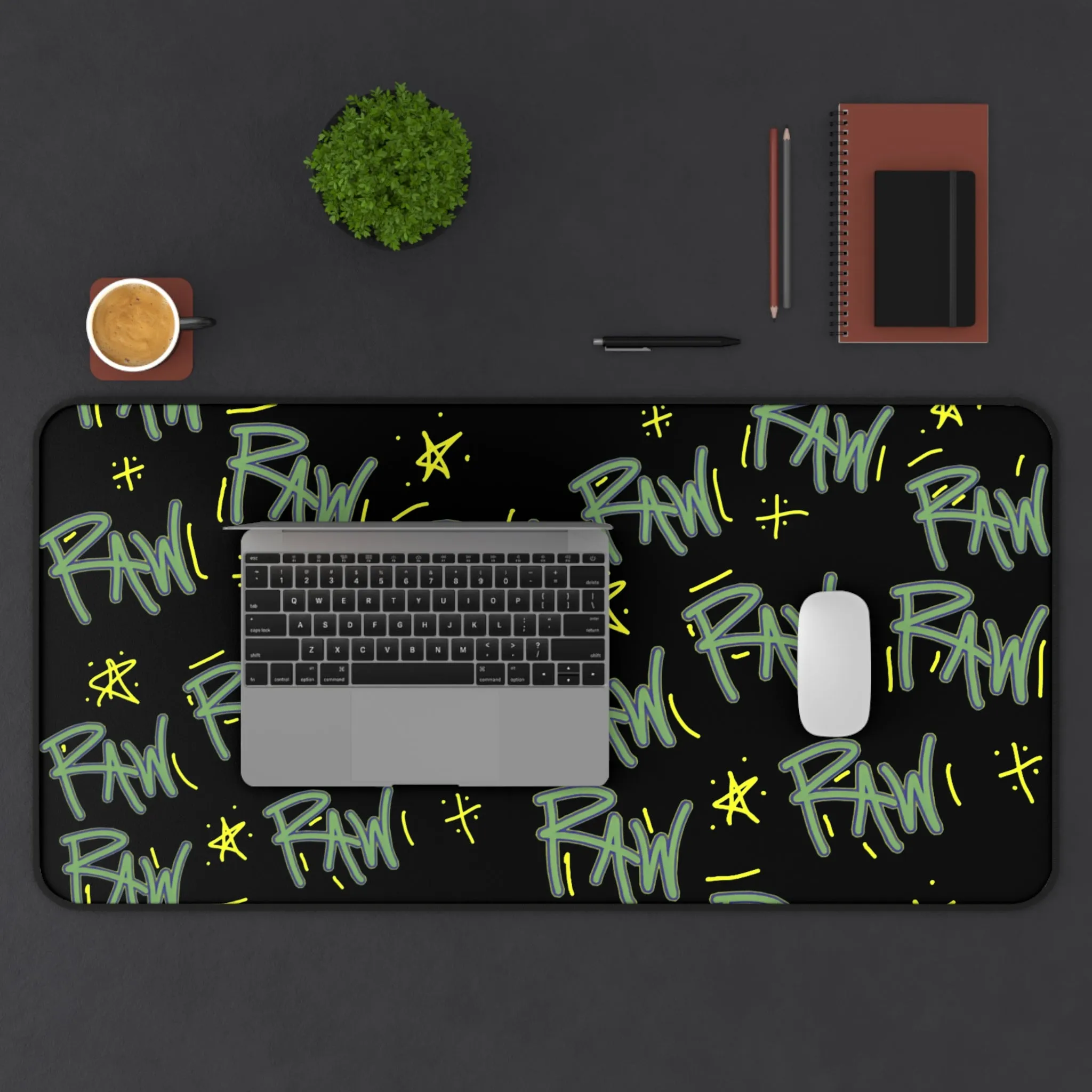 Graffiti Desk Mat -Black with 'Raw Print' for Creative Workspaces