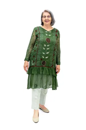 Green Embroidered Chiffon Kurti - Women’s Shirt