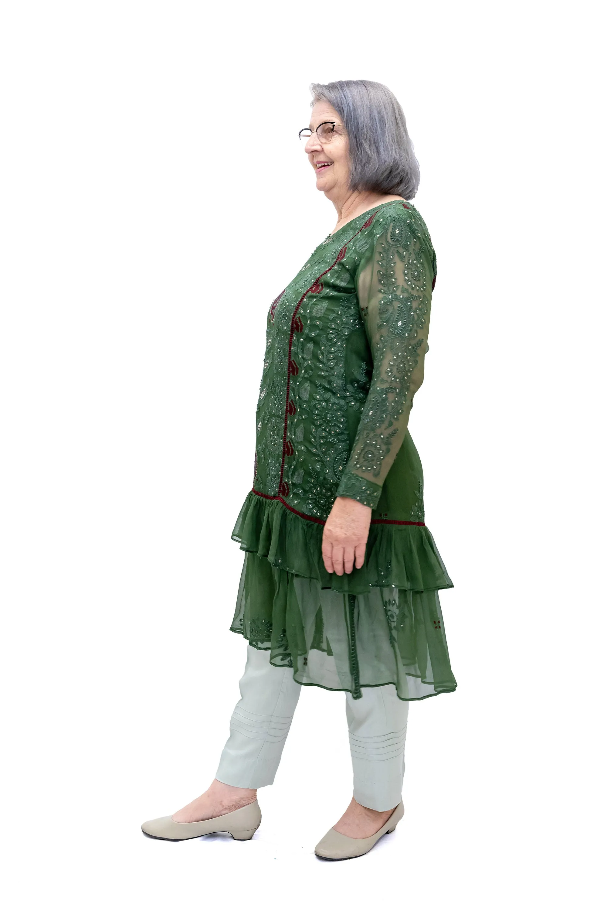 Green Embroidered Chiffon Kurti - Women’s Shirt