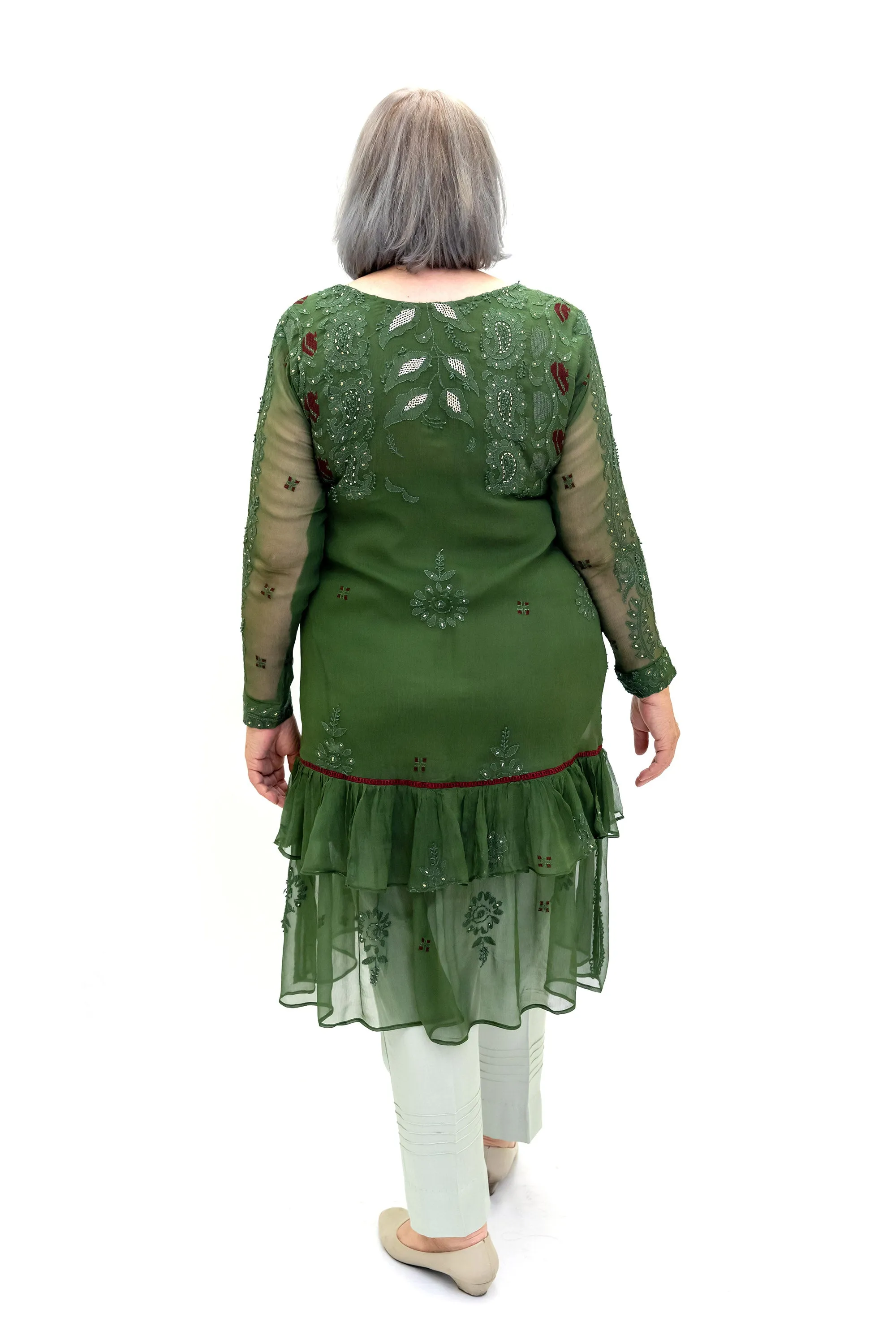 Green Embroidered Chiffon Kurti - Women’s Shirt