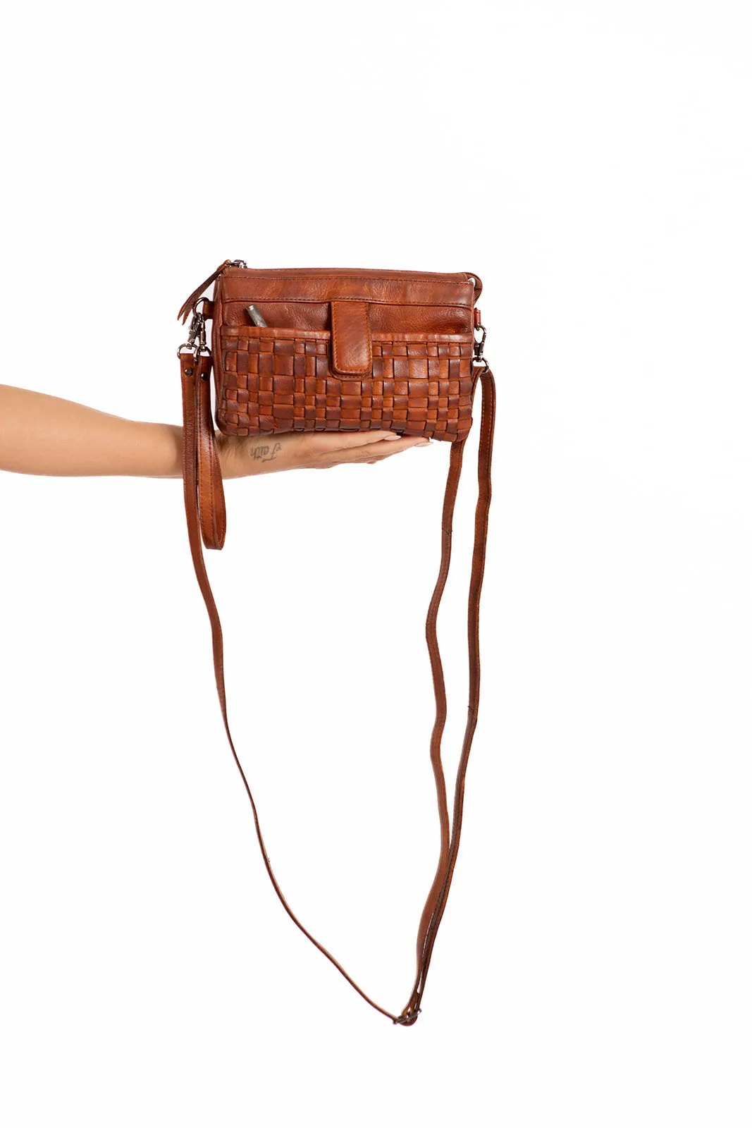 Greenwood 'May' Crossbody Woven Leather Bag ~ Cognac