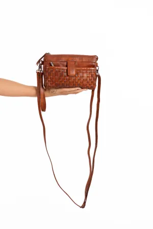 Greenwood 'May' Crossbody Woven Leather Bag ~ Cognac
