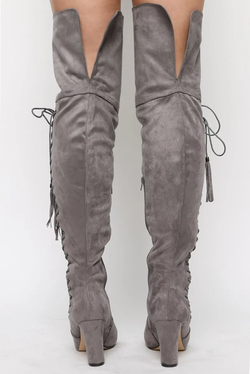 Grey Suede Over the Knee Lace Up Detail Boots - Alora