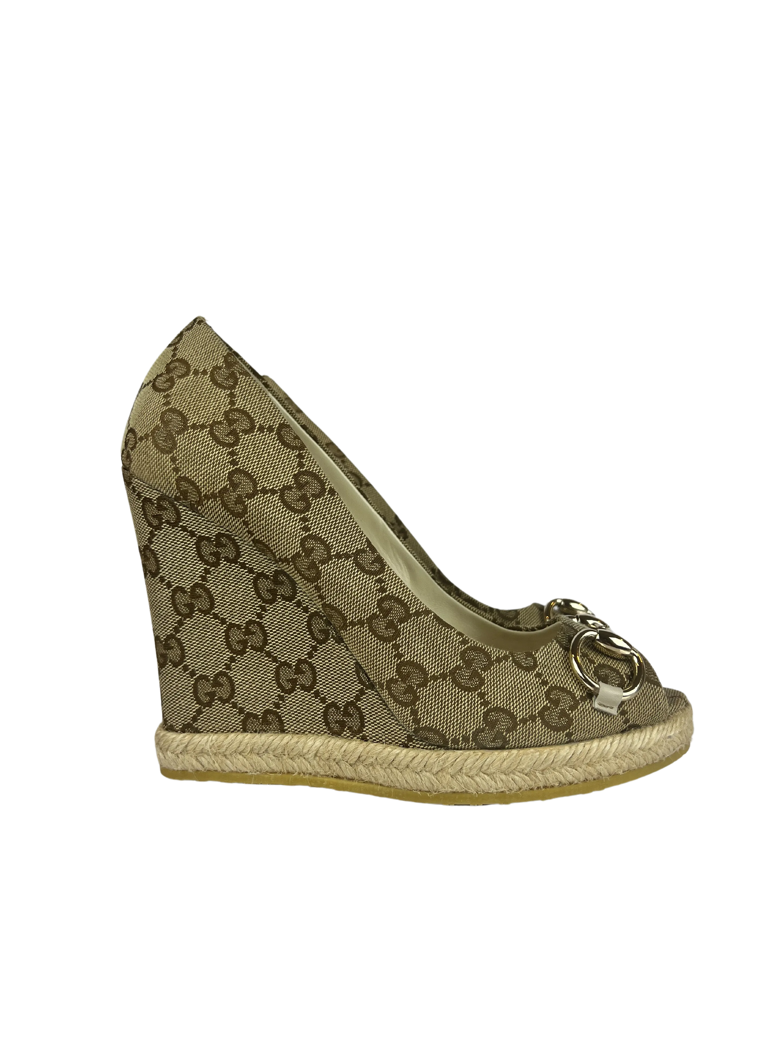 Gucci Beige GG Canvas Charlotte Horsebit Wedge Peep Toe Espadrille