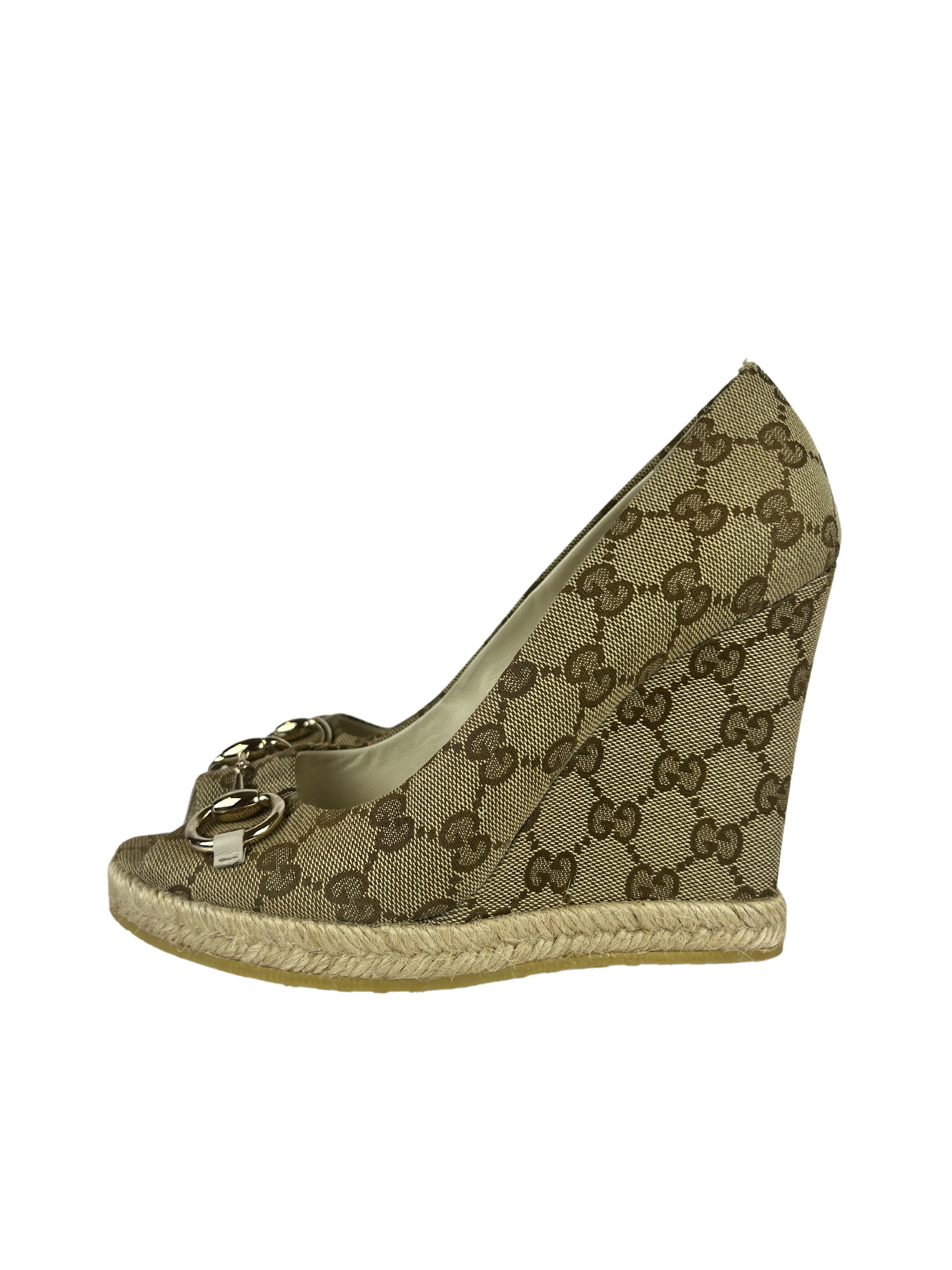 Gucci Beige GG Canvas Charlotte Horsebit Wedge Peep Toe Espadrille