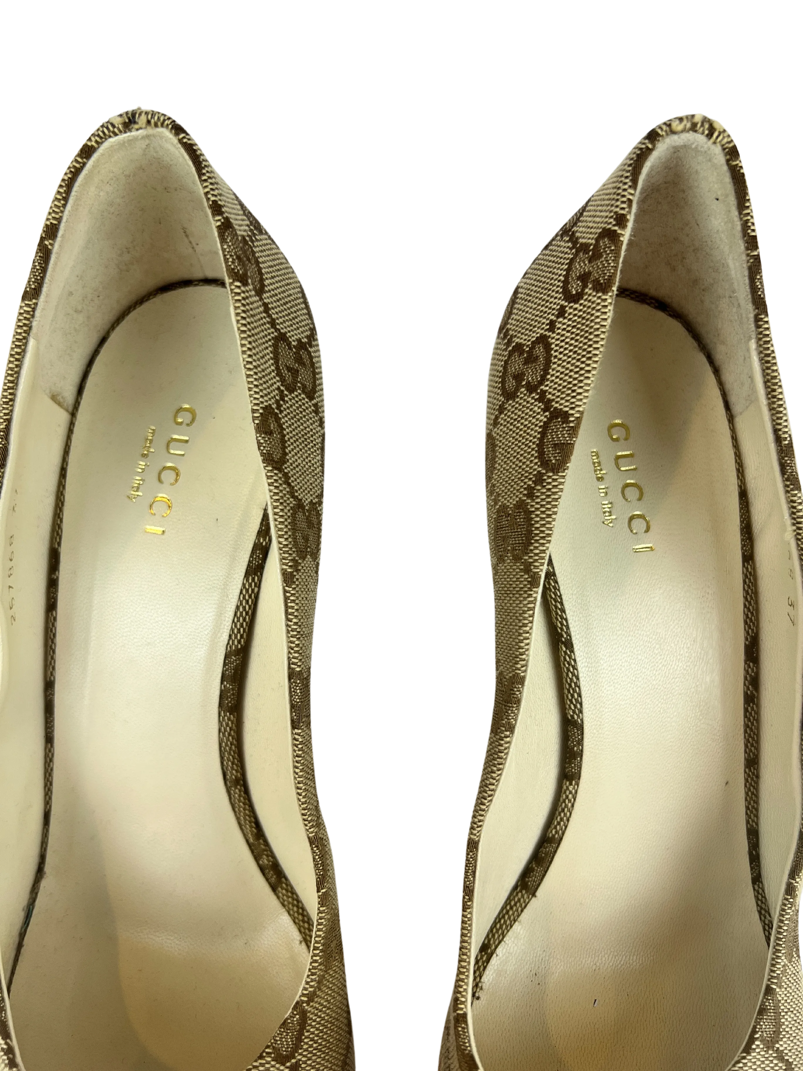 Gucci Beige GG Canvas Charlotte Horsebit Wedge Peep Toe Espadrille