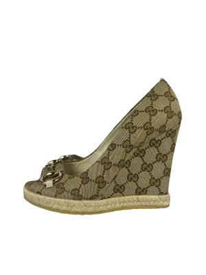 Gucci Beige GG Canvas Charlotte Horsebit Wedge Peep Toe Espadrille