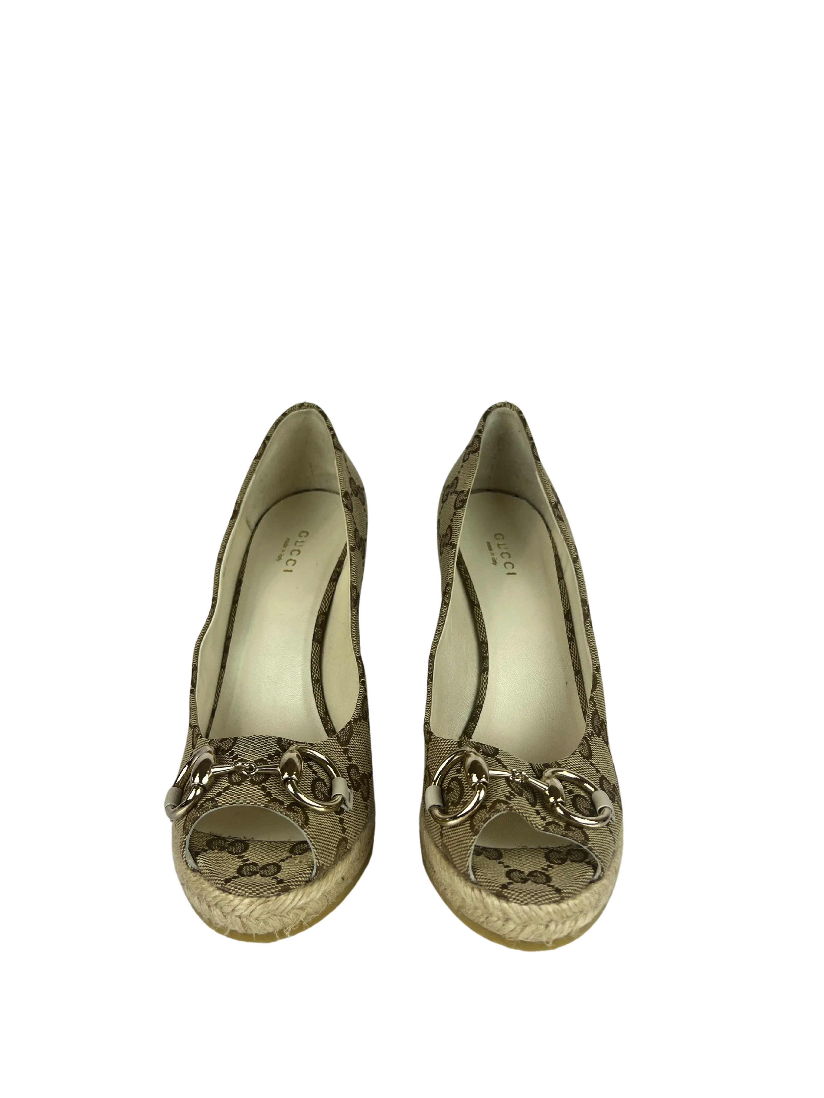 Gucci Beige GG Canvas Charlotte Horsebit Wedge Peep Toe Espadrille