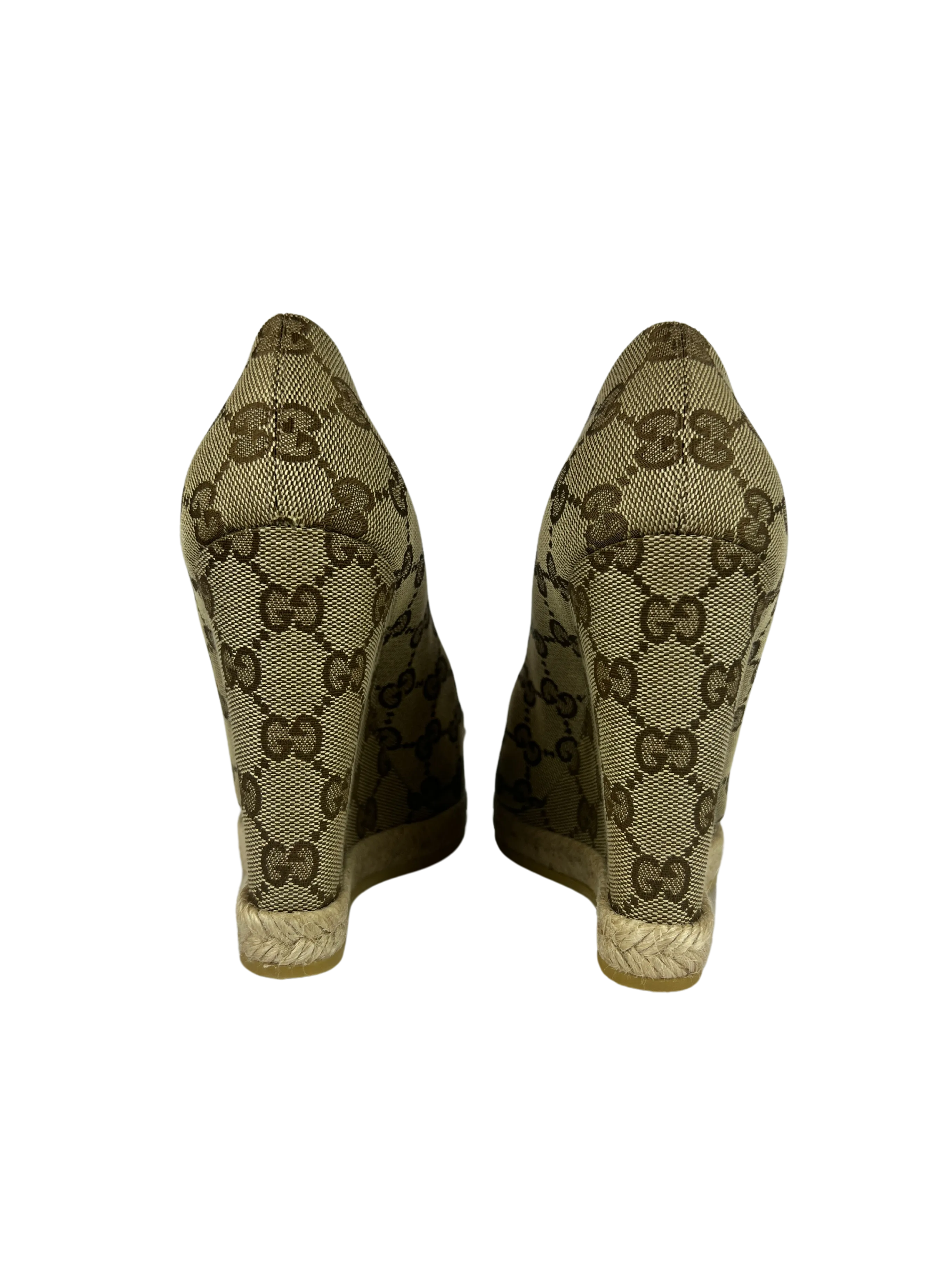 Gucci Beige GG Canvas Charlotte Horsebit Wedge Peep Toe Espadrille