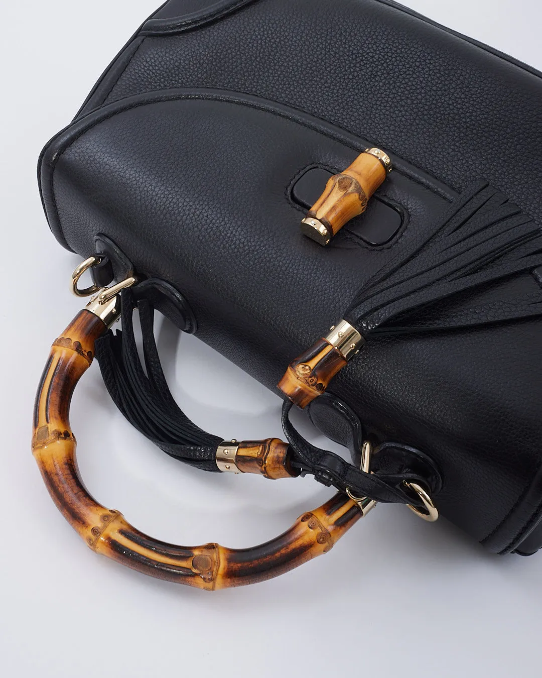 Gucci Black Leather Large Bamboo Tassel Top Handle Bag With Strap