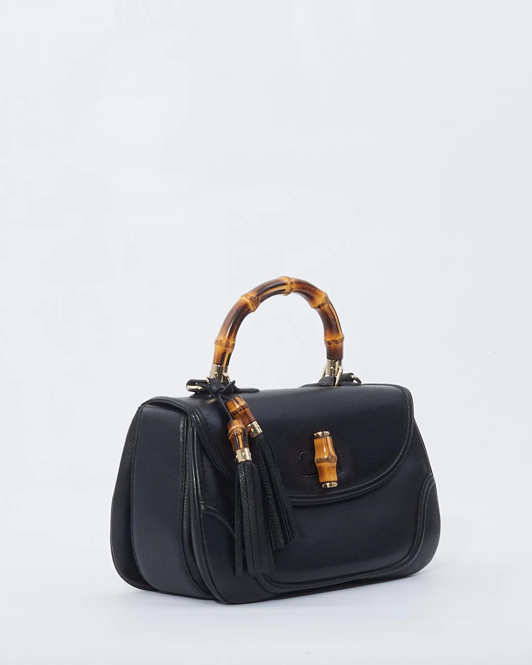 Gucci Black Leather Large Bamboo Tassel Top Handle Bag With Strap
