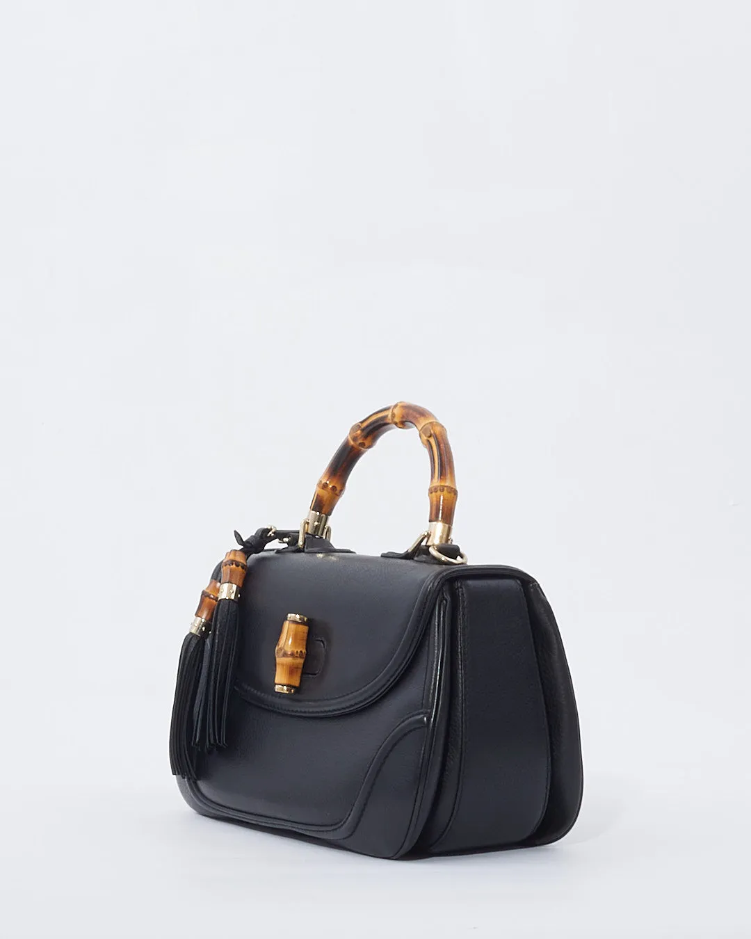 Gucci Black Leather Large Bamboo Tassel Top Handle Bag With Strap