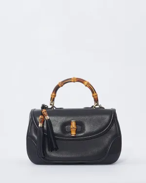 Gucci Black Leather Large Bamboo Tassel Top Handle Bag With Strap