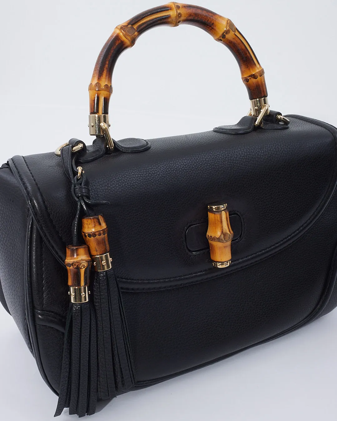 Gucci Black Leather Large Bamboo Tassel Top Handle Bag With Strap