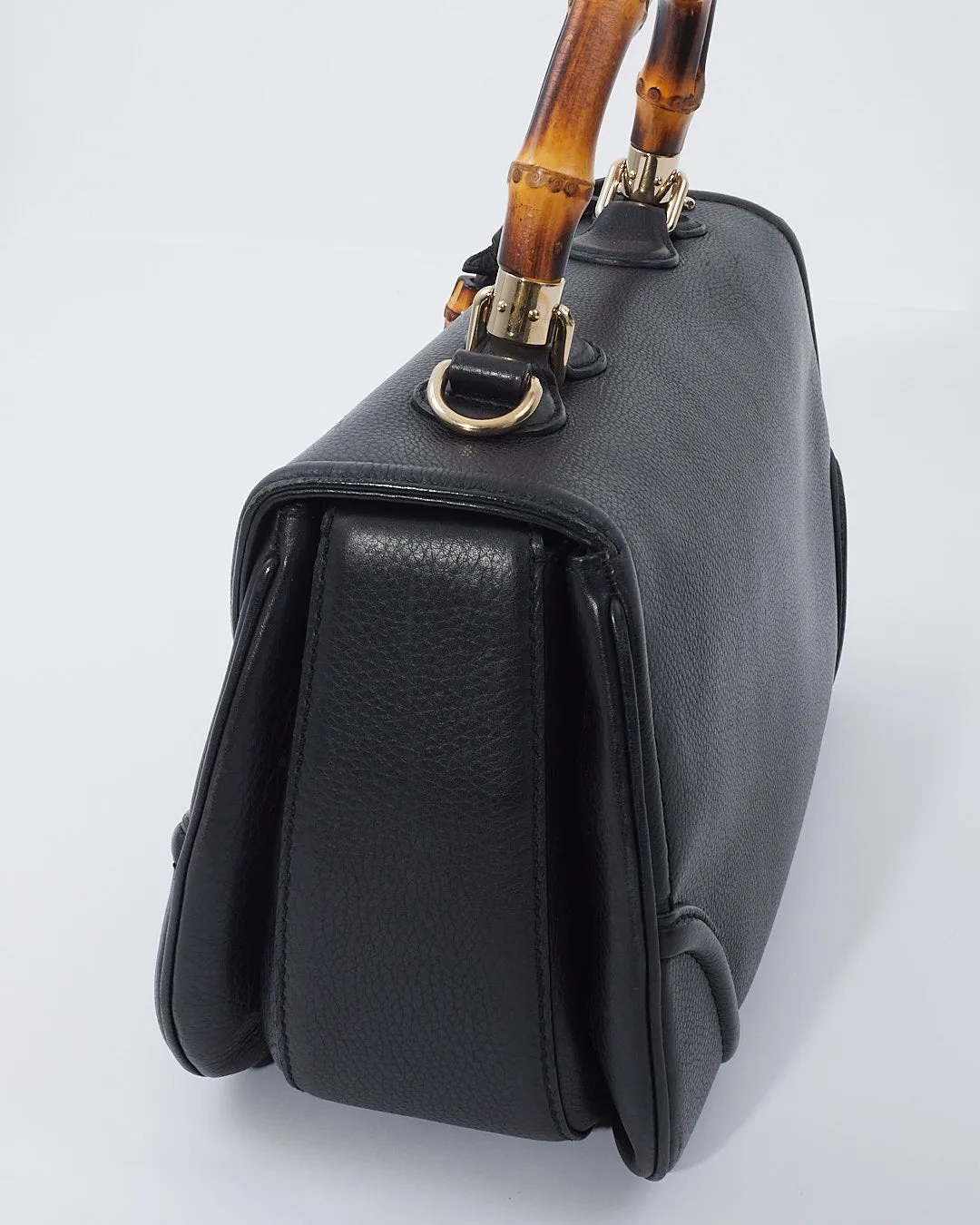 Gucci Black Leather Large Bamboo Tassel Top Handle Bag With Strap