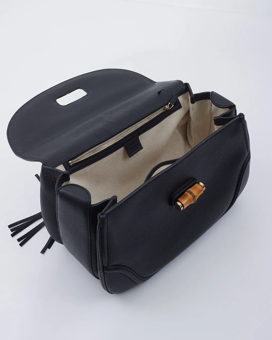 Gucci Black Leather Large Bamboo Tassel Top Handle Bag With Strap