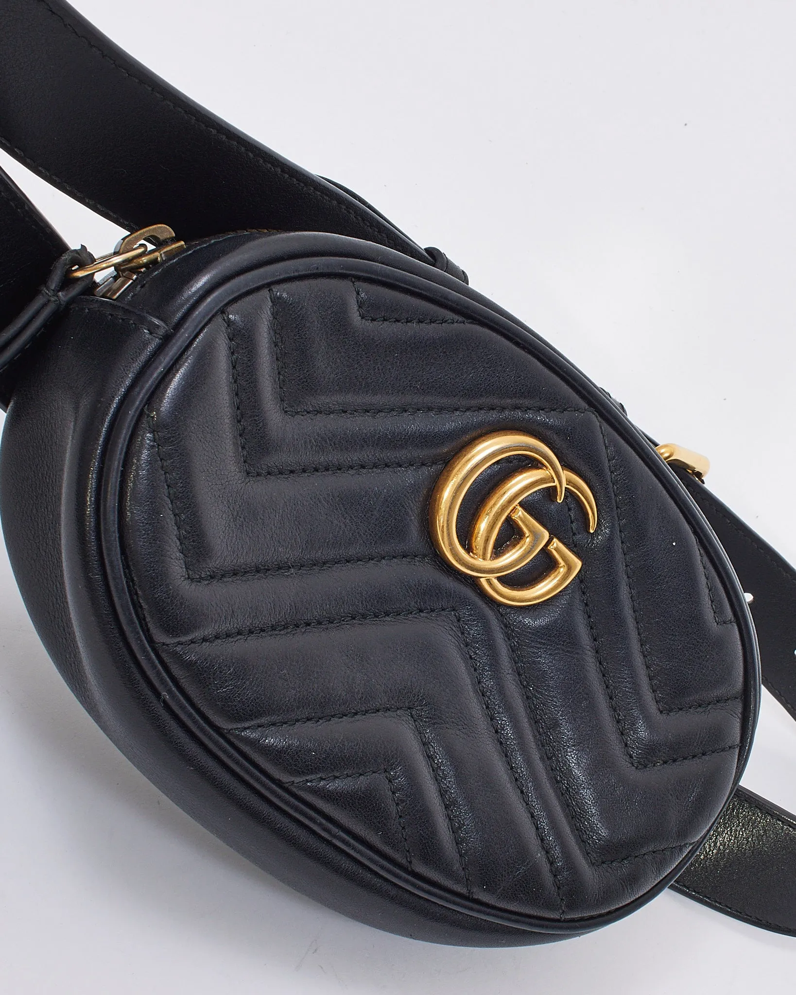 Gucci Black Matelassé Leather GG Marmont Belt Bag - 85/34