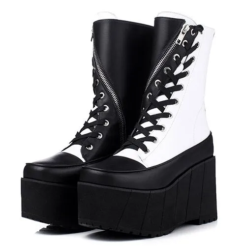 Handmade Genuine Leather Boots Women White Spring Autumn Fashion Zipper Motorcyle Boots Woman Thick Bottom Wedge Shoes