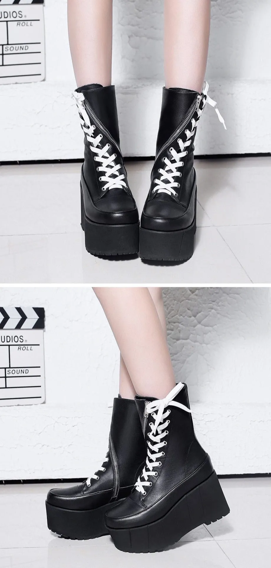 Handmade Genuine Leather Boots Women White Spring Autumn Fashion Zipper Motorcyle Boots Woman Thick Bottom Wedge Shoes