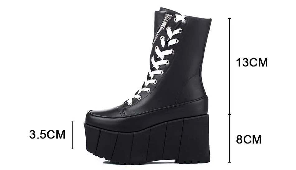 Handmade Genuine Leather Boots Women White Spring Autumn Fashion Zipper Motorcyle Boots Woman Thick Bottom Wedge Shoes