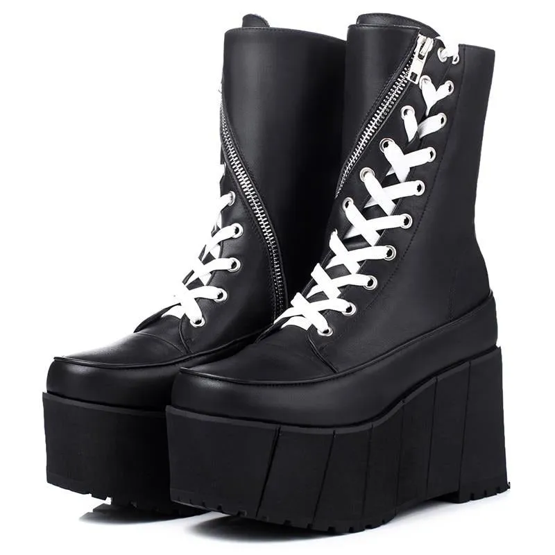 Handmade Genuine Leather Boots Women White Spring Autumn Fashion Zipper Motorcyle Boots Woman Thick Bottom Wedge Shoes