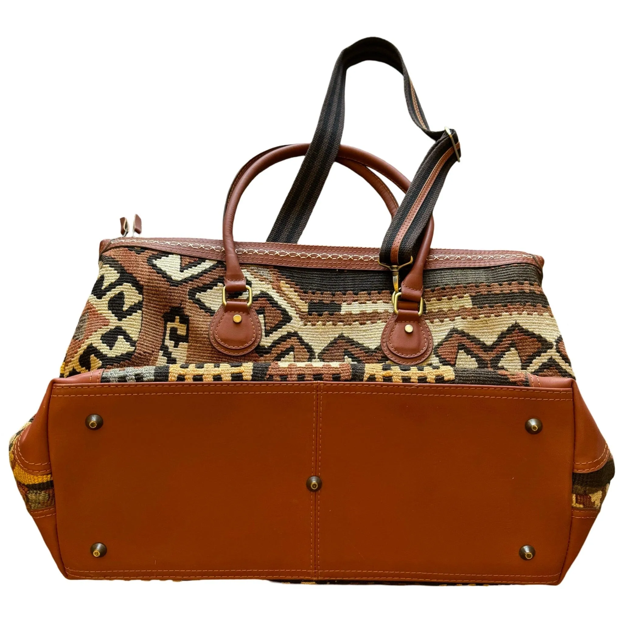 Handmade Kilim Duffle Bag with Short Leather Straps and Long Removable Strap| 16 x 23"