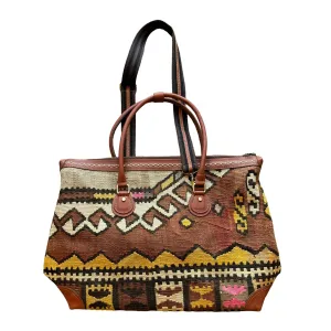 Handmade Kilim Duffle Bag with Short Leather Straps and Long Removable Strap| 16 x 23"