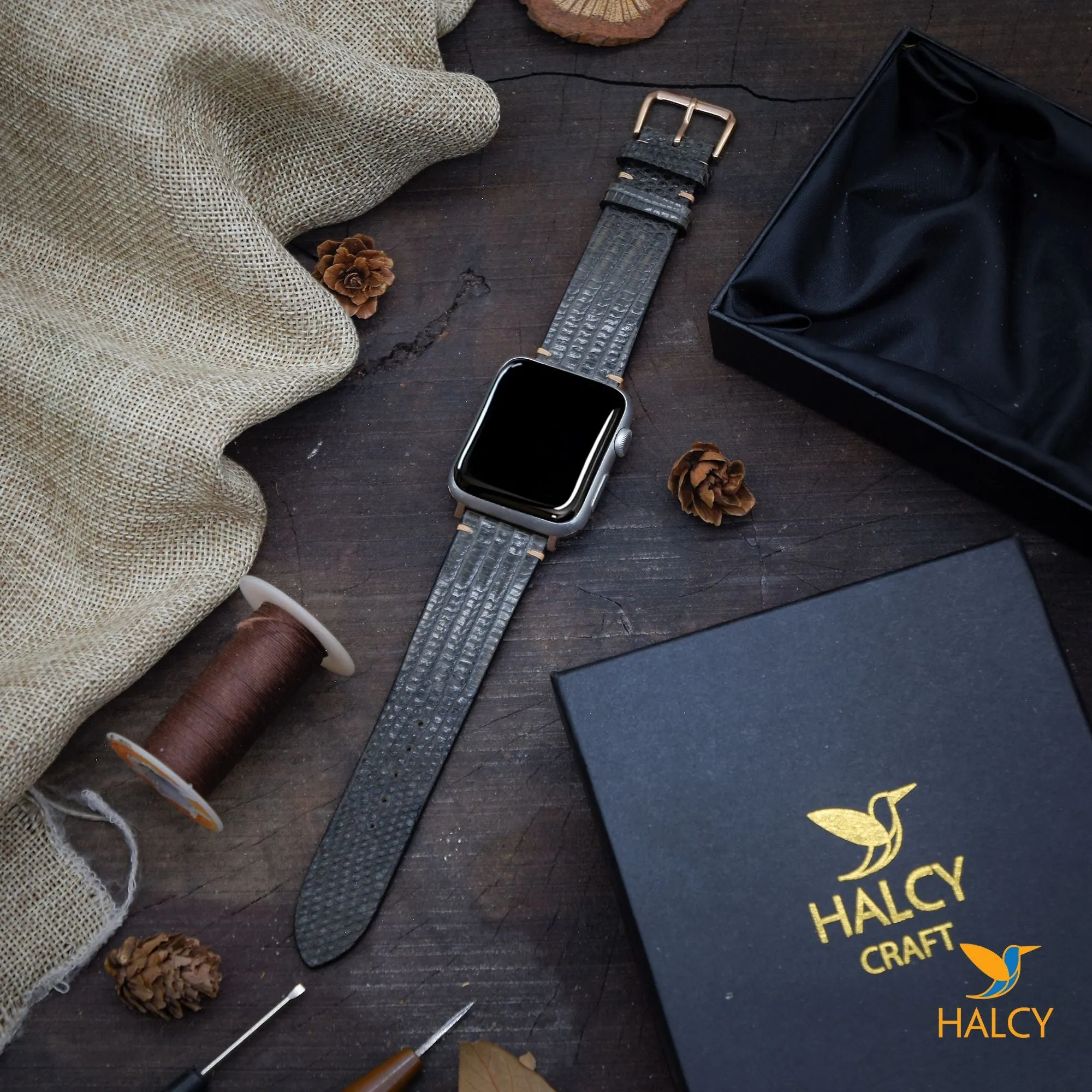 Handmade Lizard Skin Watch Band Fit for Apple watch Series 8, 7, 6, 5, 4, 3 : Choice of adapters and buckle color
