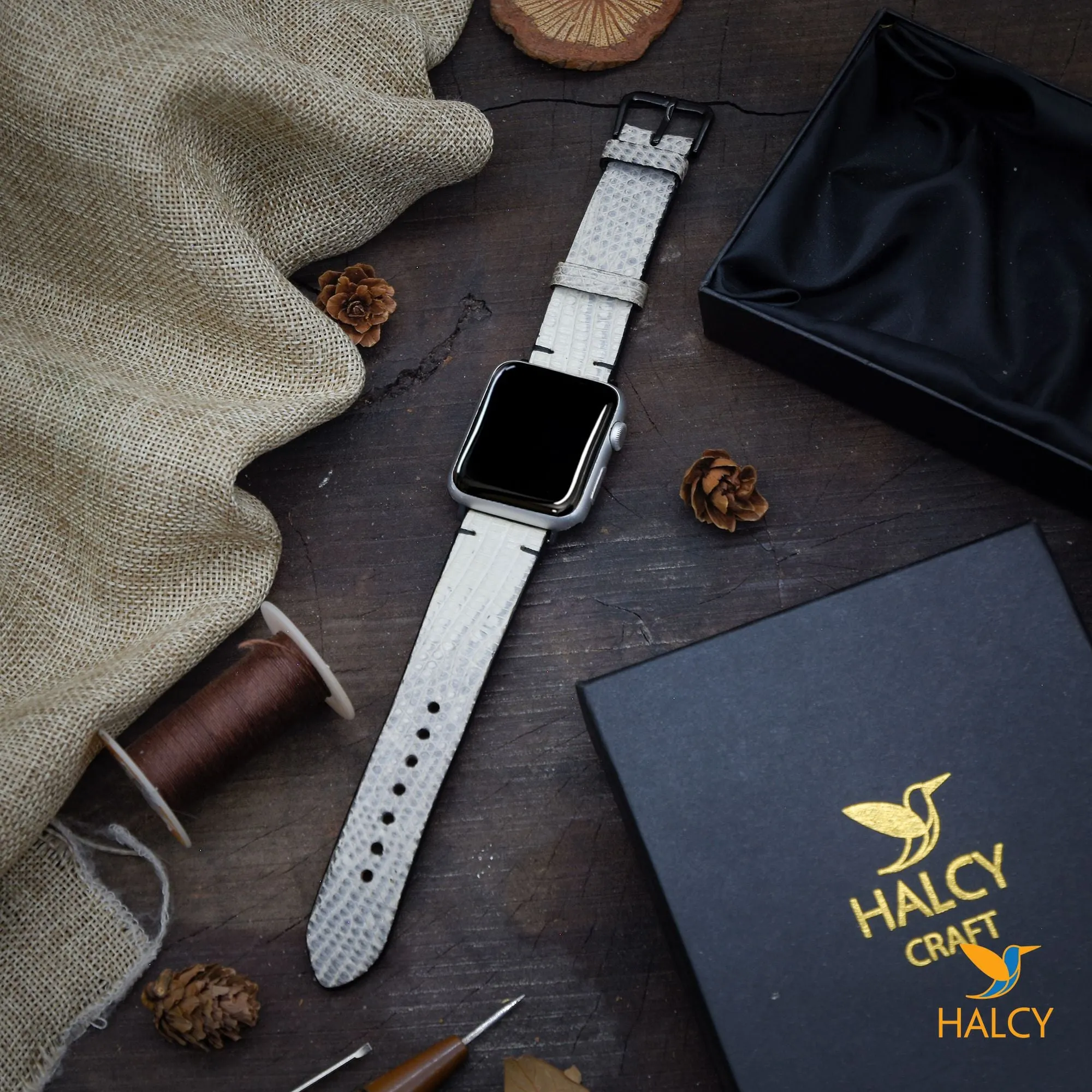 Handmade Lizard Skin Watch Band Fit for Apple watch Series 8, 7, 6, 5, 4, 3 : Choice of adapters and buckle color