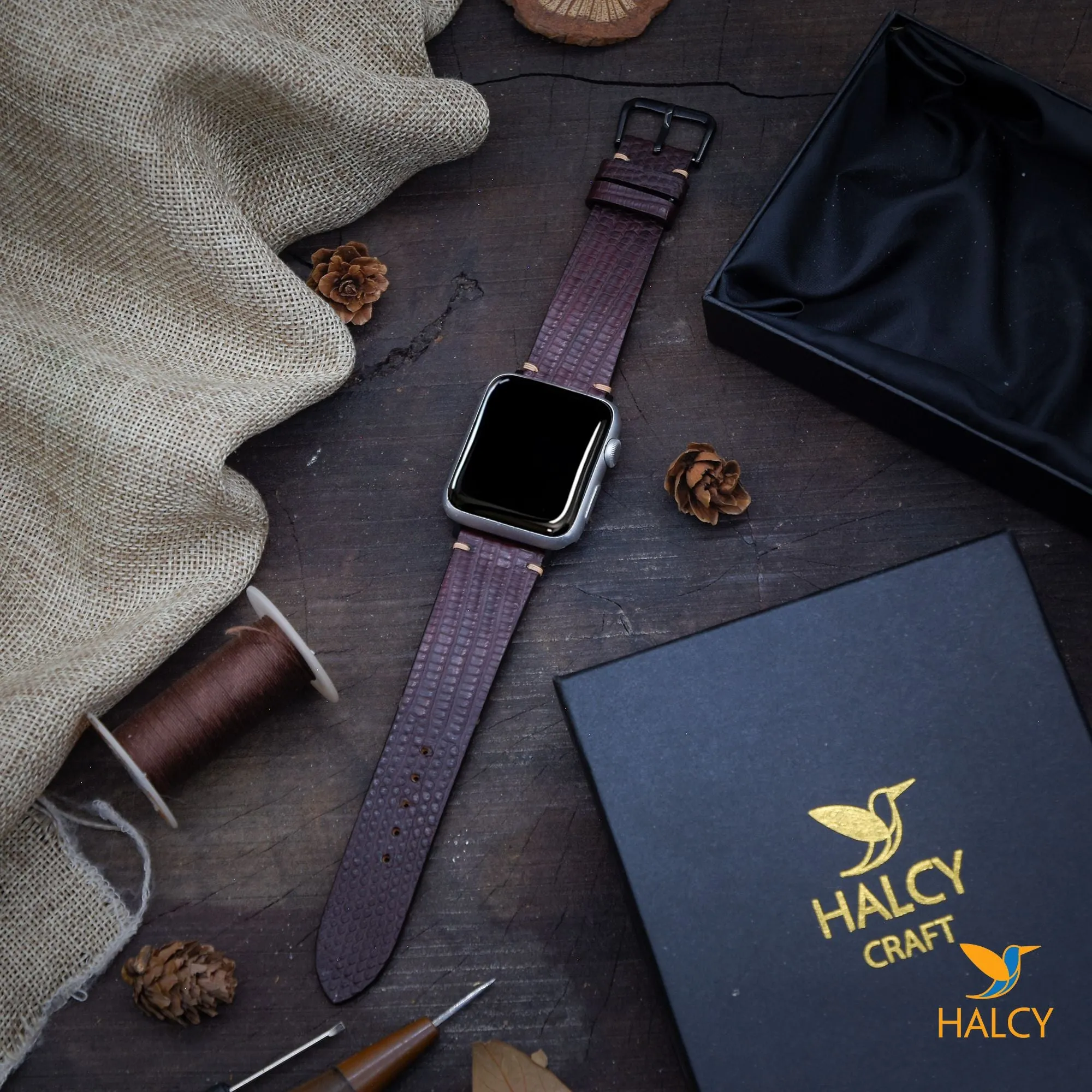 Handmade Lizard Skin Watch Band Fit for Apple watch Series 8, 7, 6, 5, 4, 3 : Choice of adapters and buckle color